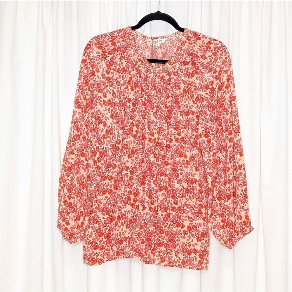 Tucker NYC Classic Blouse Red Sweet Pea in Crepe de Chine Silk Top Long Sleeves
